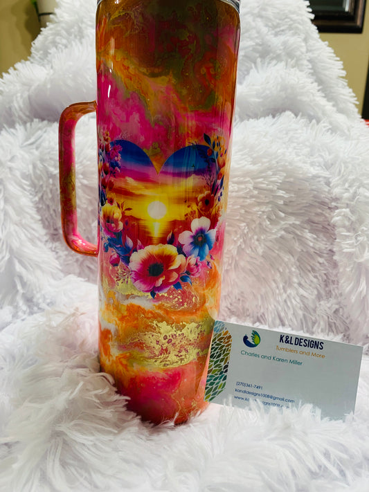 30oz skinny with handle Pink,orange and gold ink swirl with Heart sunset