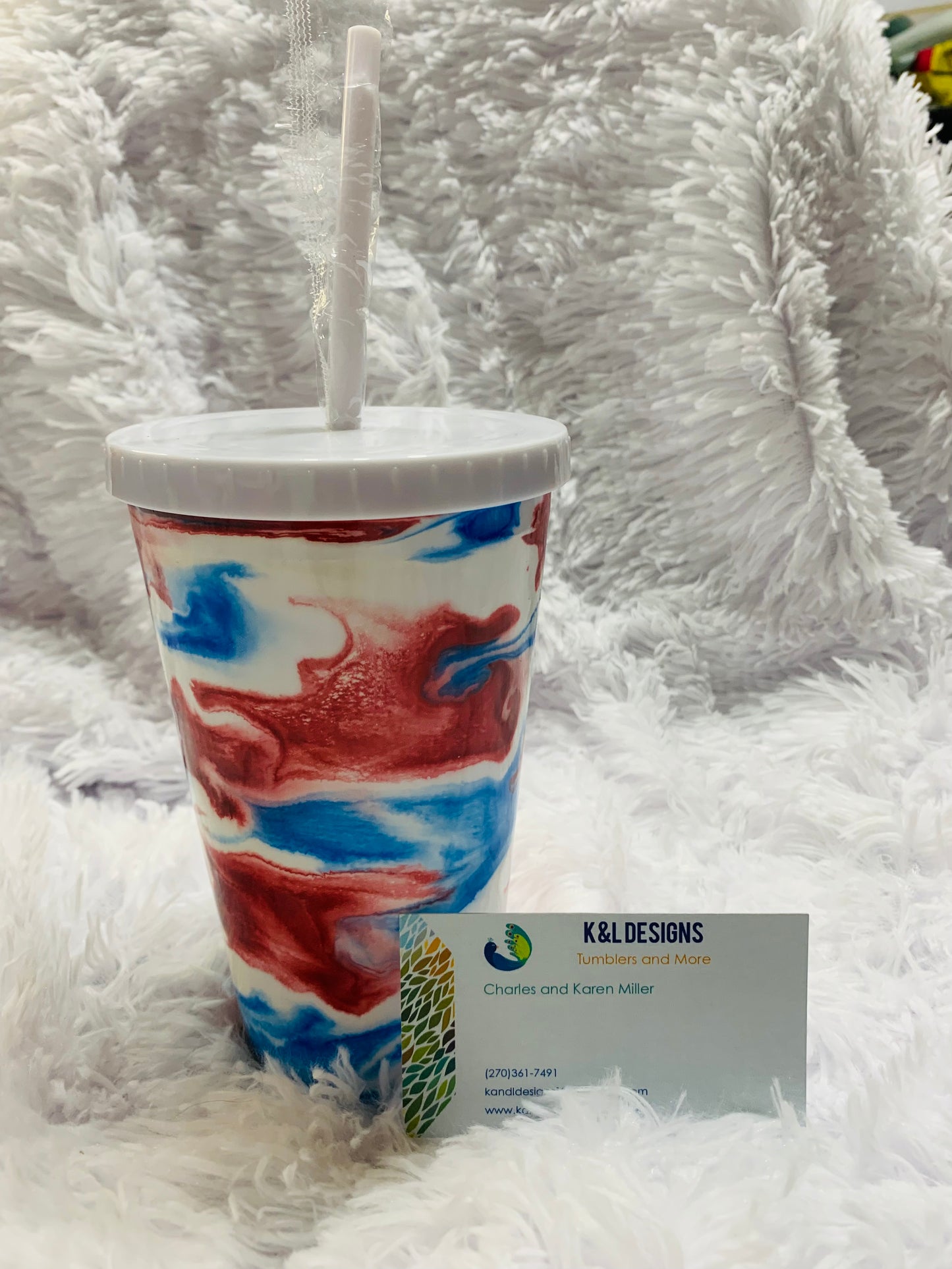 16oz Plastic Red, White and Blue ink swirl Ready to ship